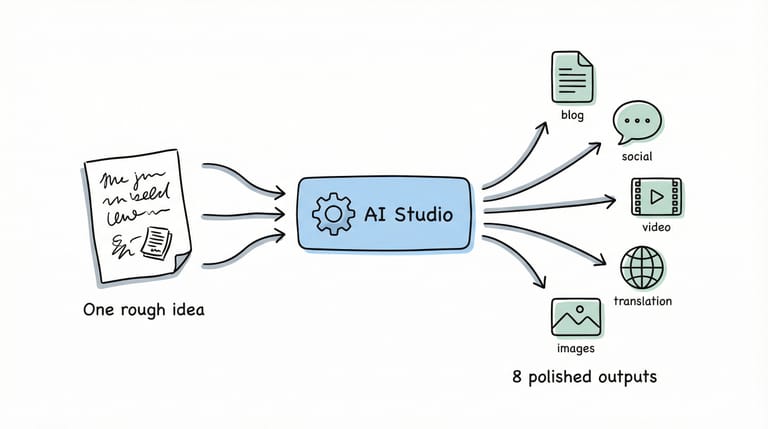AI content studio pipeline transforming one rough idea into multiple polished outputs