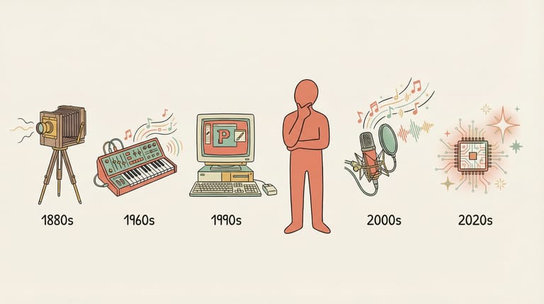 The evolution of creative tools from camera to AI with the constant human figure