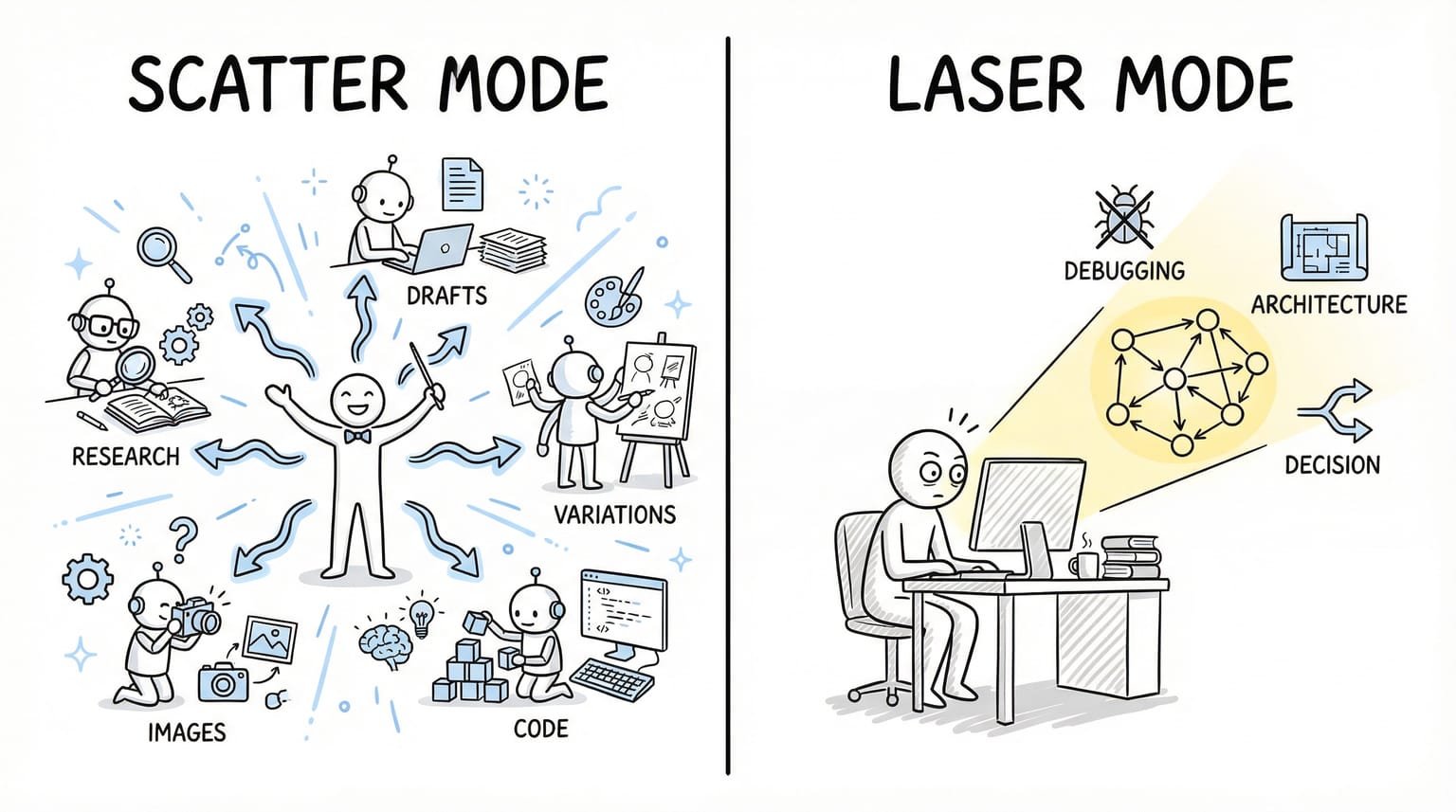 Two Modes: Scatter (parallel, breadth, AI-amplified) vs Laser (sequential, depth, human-led)