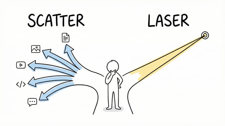Two work modes — Scatter and Laser — and the human choosing between them