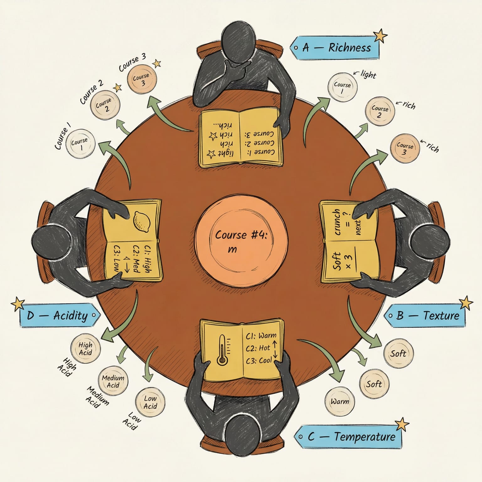 Top-down view of the sous chef roundtable: four sous chefs (A=Richness, B=Texture, C=Temperature, D=Acidity) around the central dish "Course #3: m"