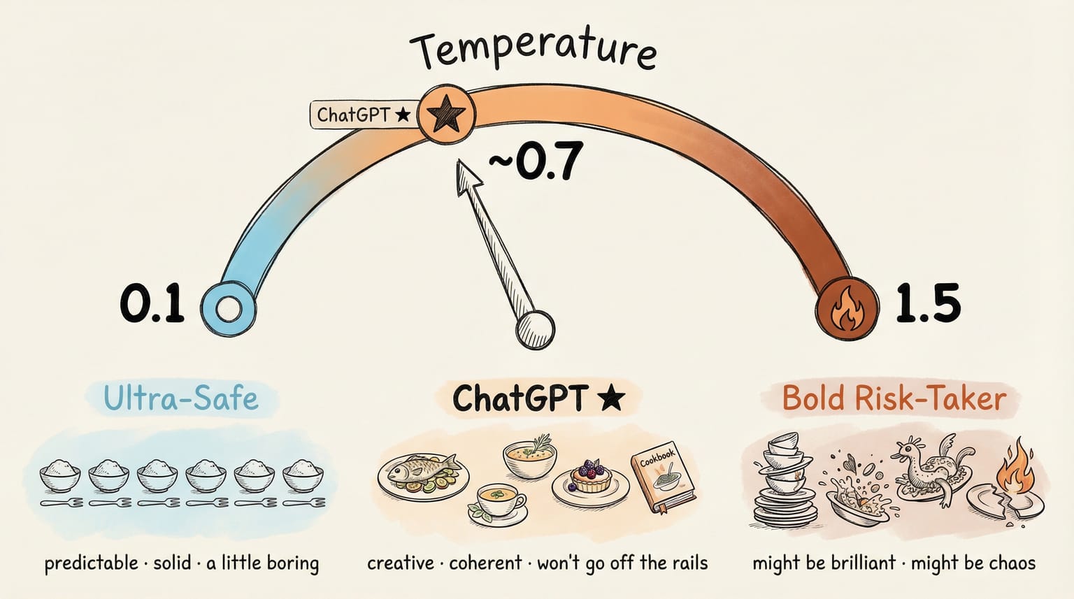 Temperature dial spanning from 0.1 (Ultra-Safe) through 0.7 (ChatGPT marked with a star) to 1.5 (Bold Risk-Taker), with example outputs below each