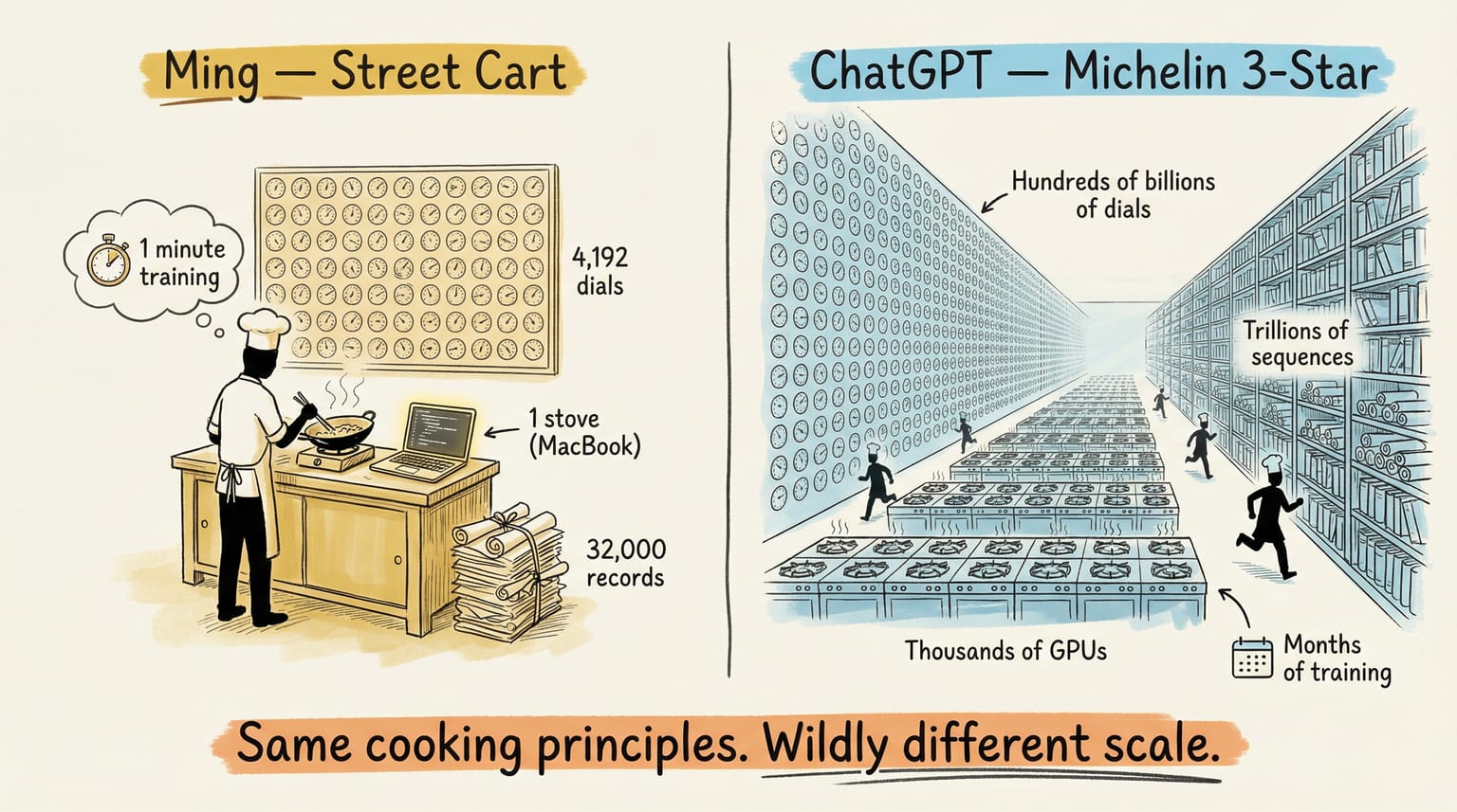 Scale comparison: Ming's humble street cart (4,192 dials, MacBook, 32,000 records) vs. ChatGPT's Michelin kitchen (billions of dials, thousands of GPUs, trillions of records). Footer: "Same cooking principles. Wildly different scale."
