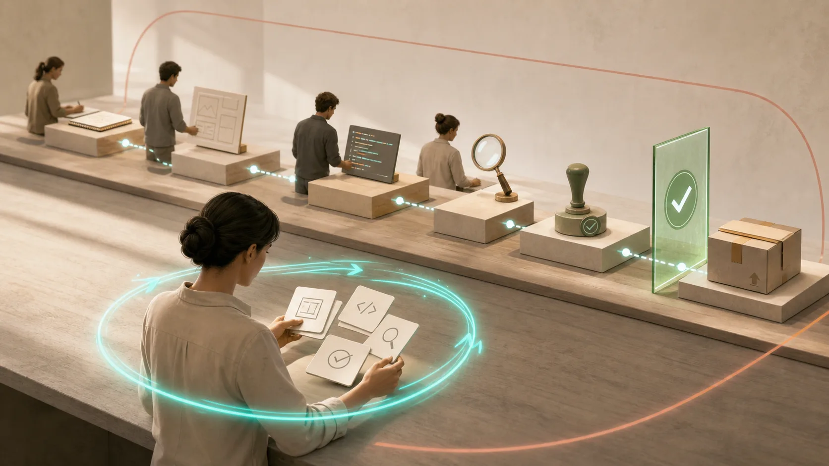 The old software delivery assembly line compressing into a smaller owner loop