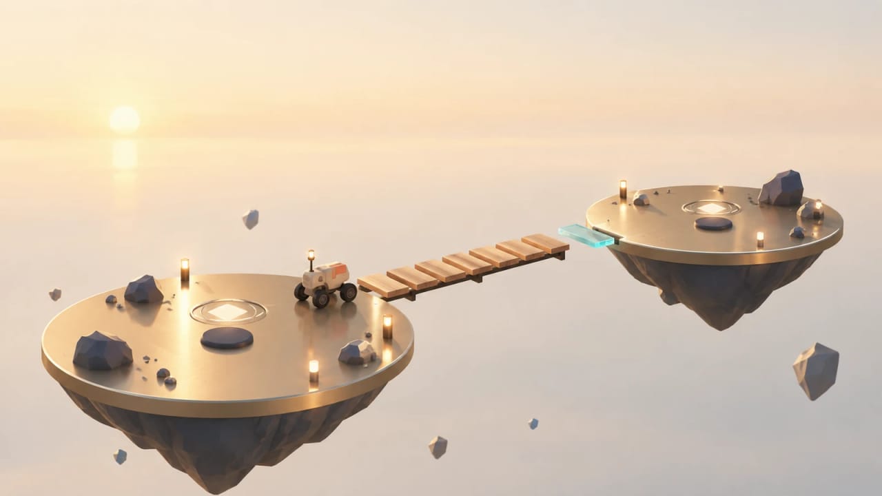 The original Slow Iteration Note illustration: a ceramic courier, floating islands and a bridge taking shape. Concept artwork, not gameplay.