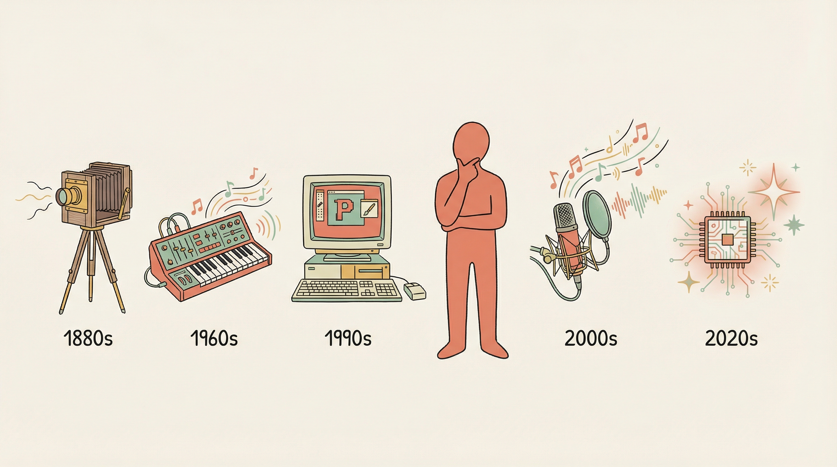 The evolution of creative tools from camera to AI with the constant human figure