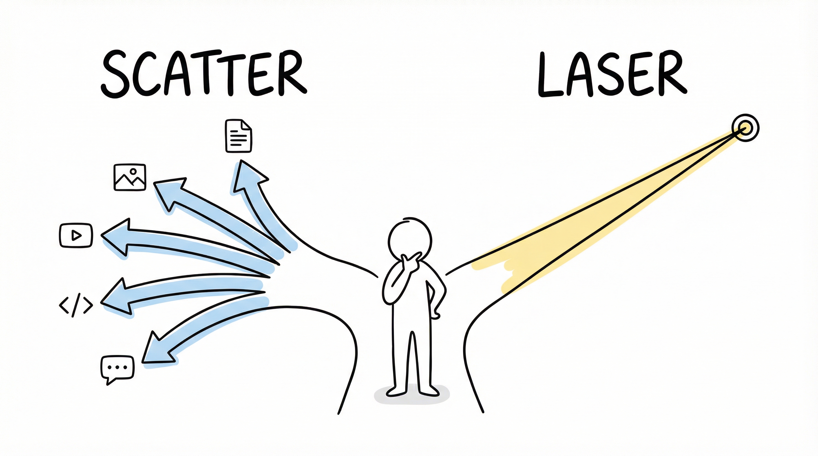 Two work modes — Scatter and Laser — and the human choosing between them